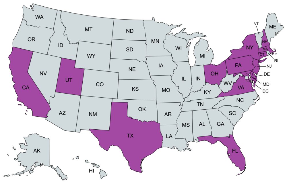 Map of the United States with northeastern states highlighted