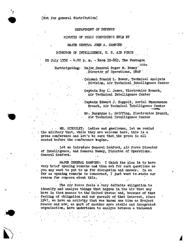 Typed page with the press conference heading and the list of participants